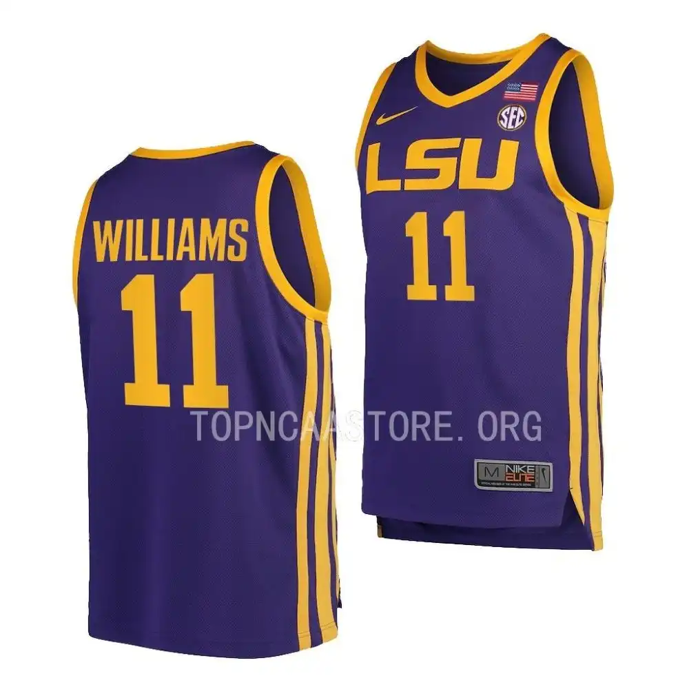 Men's LSU Tigers Justice Williams #11 2022-23 Purple Replica NCAA Basketball Jersey